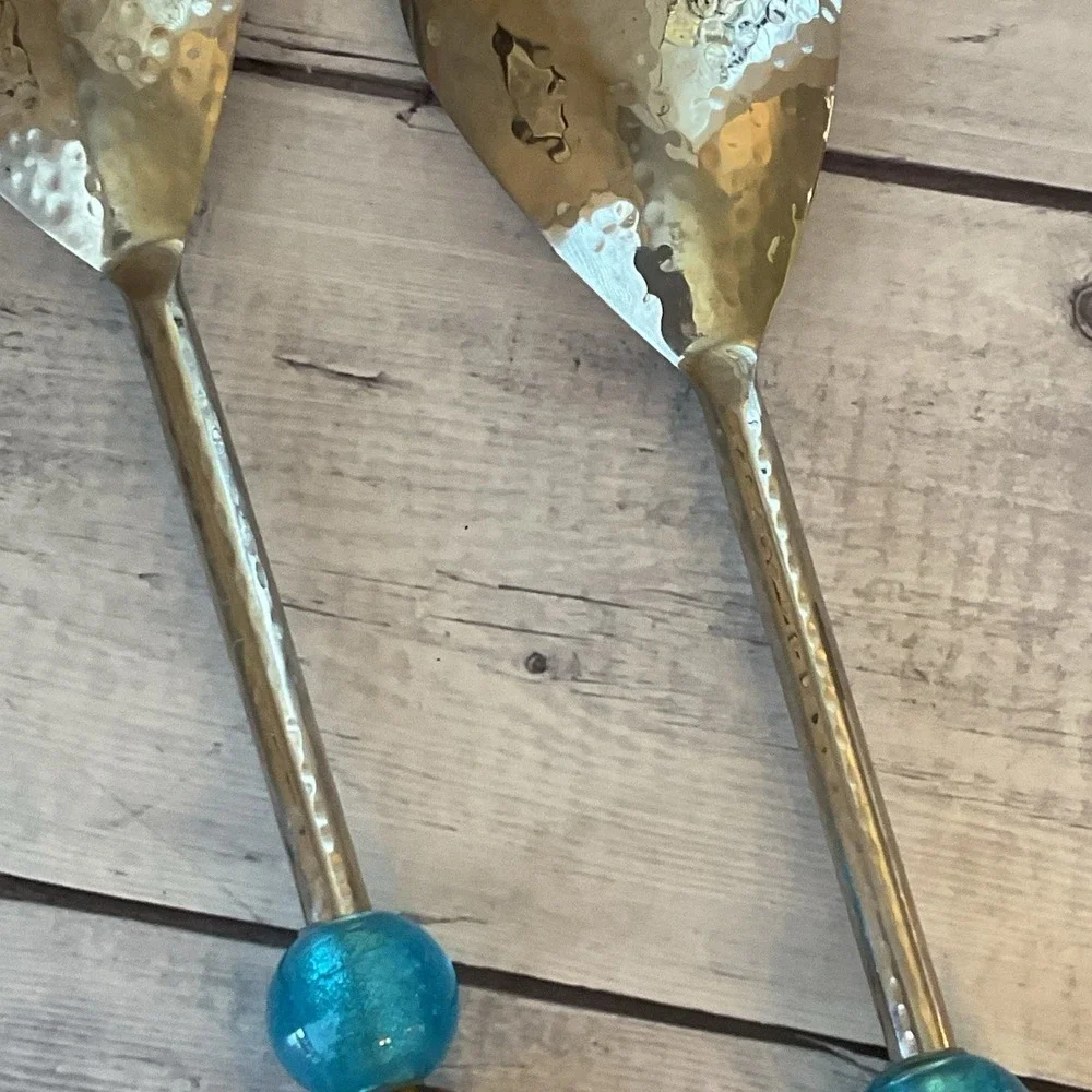 Salad Serving Utensil Set Fork Spoon Hammered Metal Blue Brown Beaded Handles